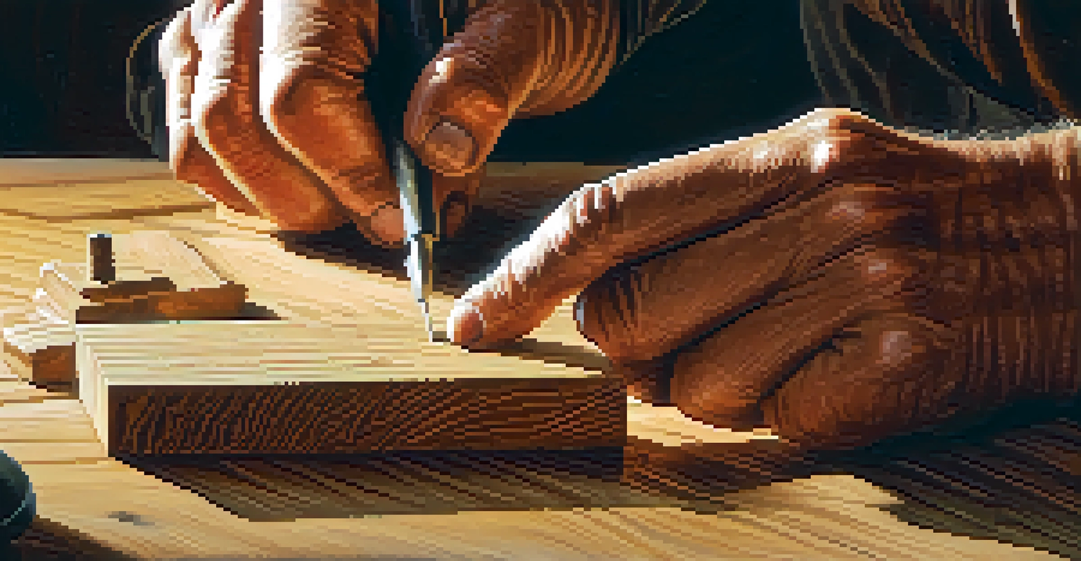A close-up of hands carving wood with a chisel, highlighting the texture and detail of the craftsmanship.