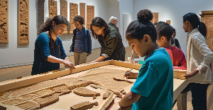 An interactive art exhibition with visitors engaging with carving tools and materials, illuminated by natural light.