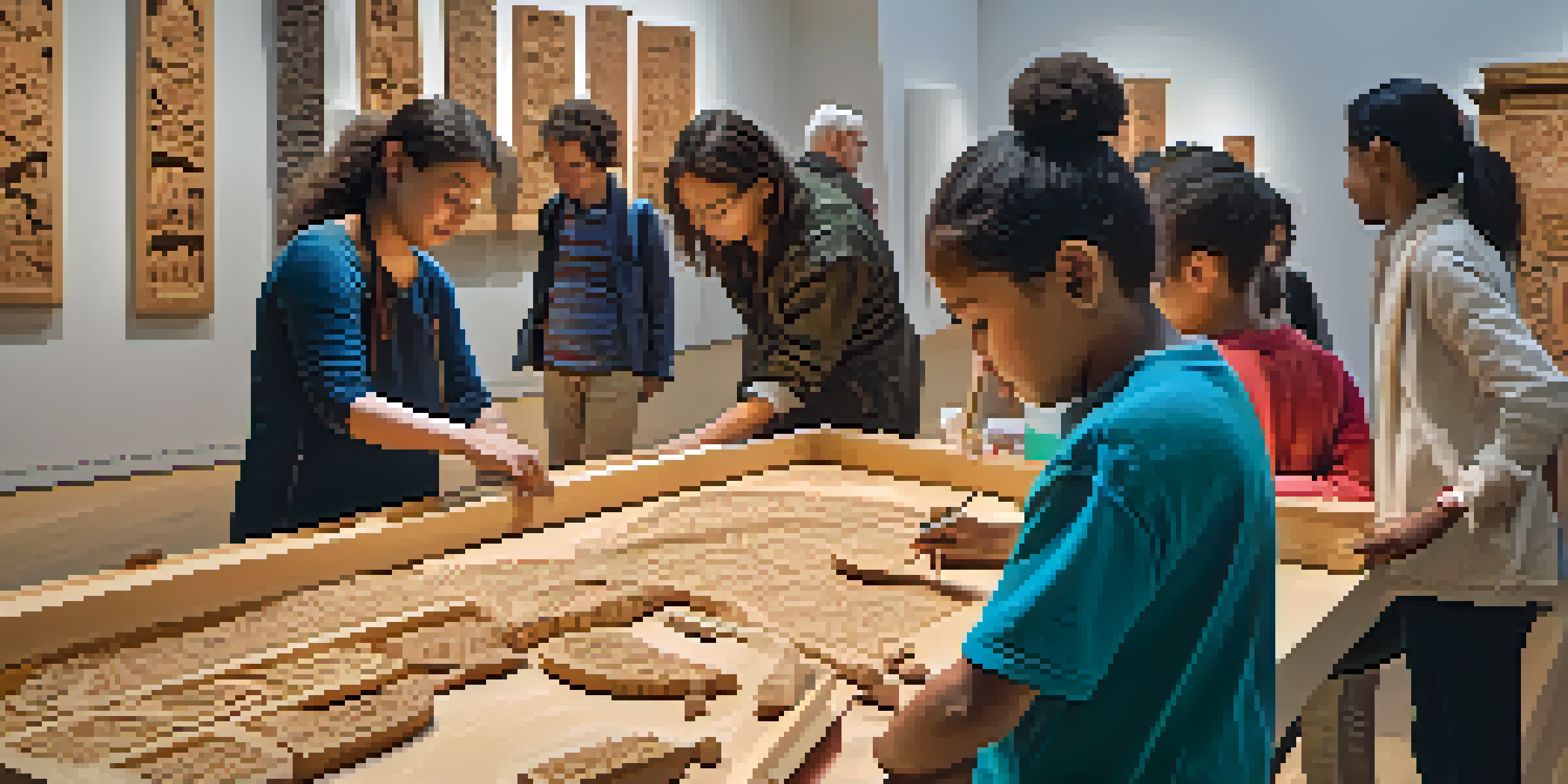 An interactive art exhibition with visitors engaging with carving tools and materials, illuminated by natural light.