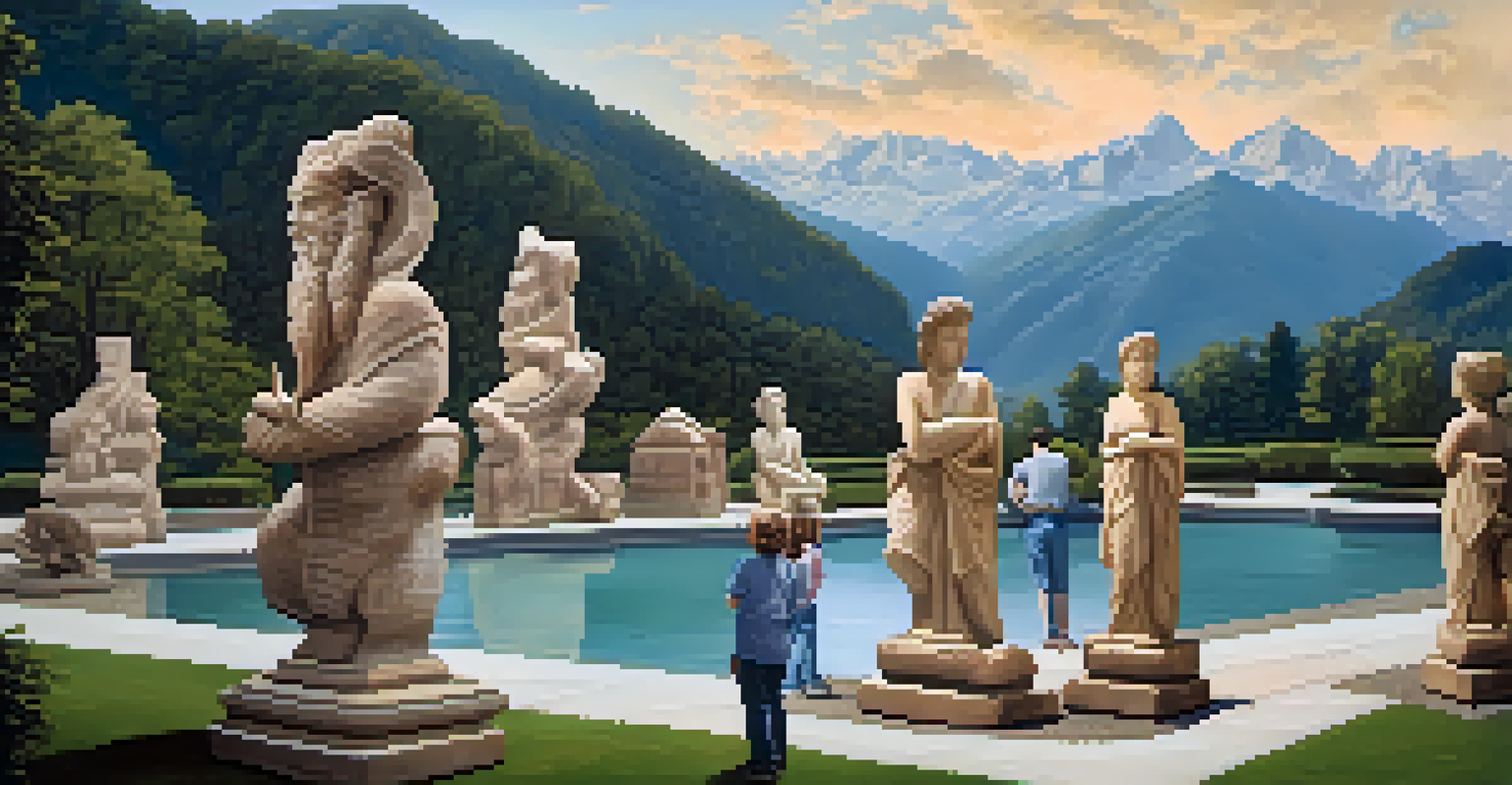 A stone carving exhibition outdoors with large sculptures and mountains in the background, showcasing art and nature.