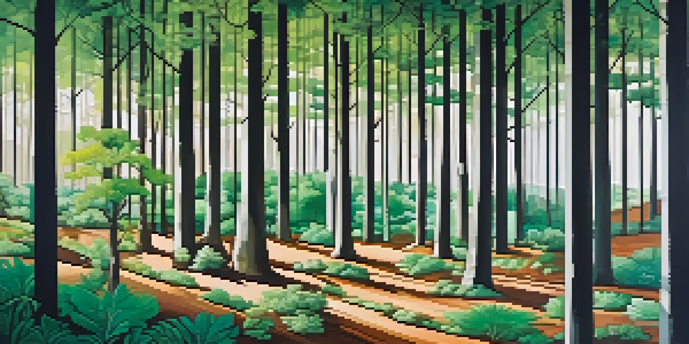 A colorful mural illustrating a lush forest contrasted with a barren landscape, set in an urban environment with people observing.
