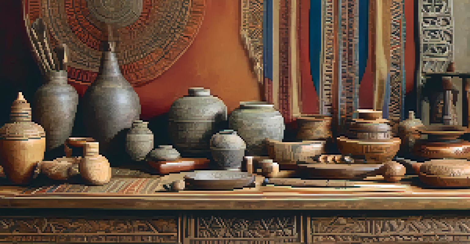 A table displaying various carved artifacts from different cultures, with soft lighting highlighting their intricate details.