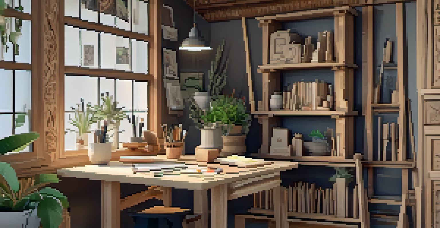 A cozy carving corner with tools, sketches, and unfinished wood pieces, decorated with inspiring quotes and plants.