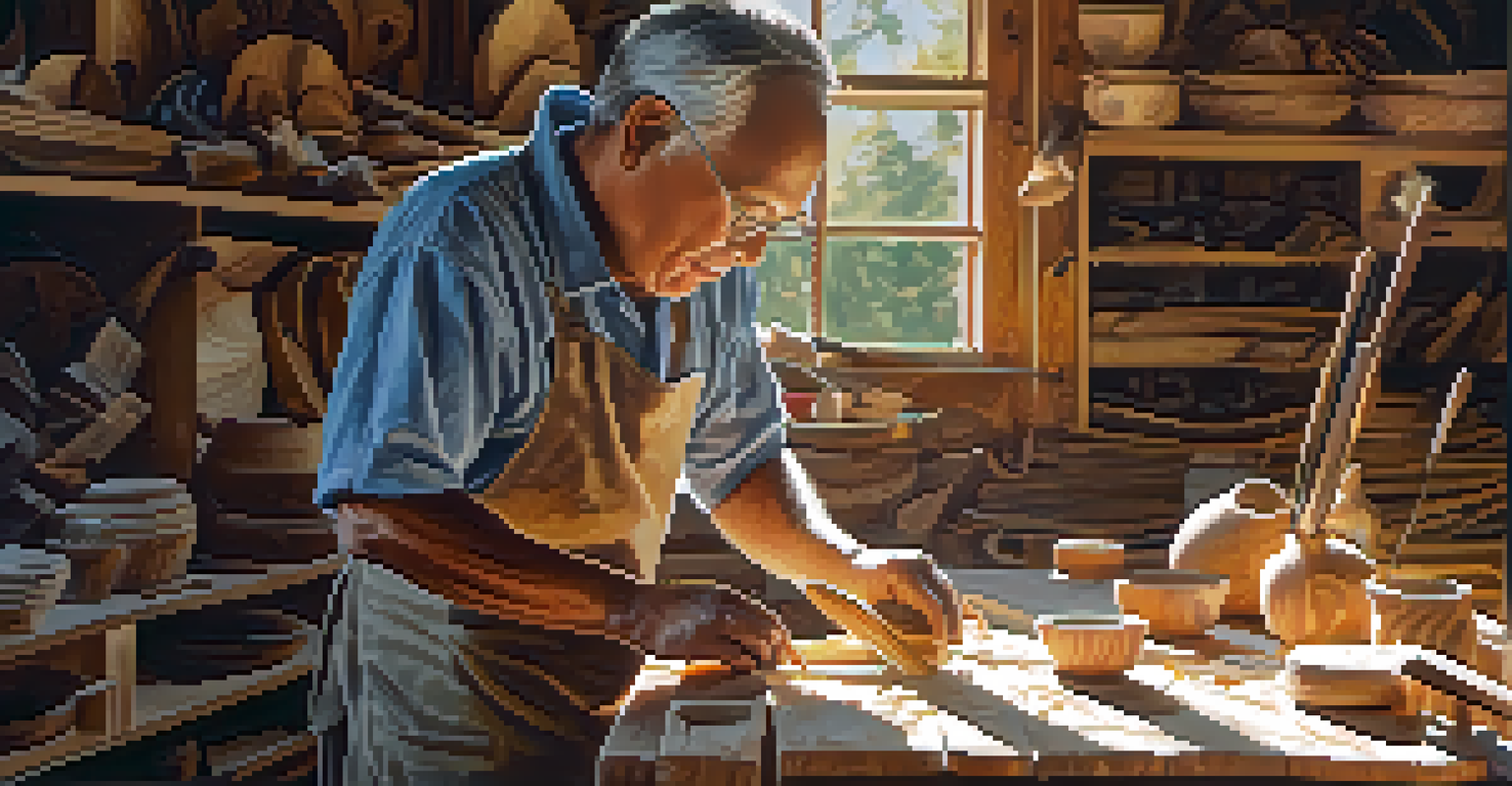 An artisan carving a wooden mask in a sunlit workshop, surrounded by tools and wood shavings.