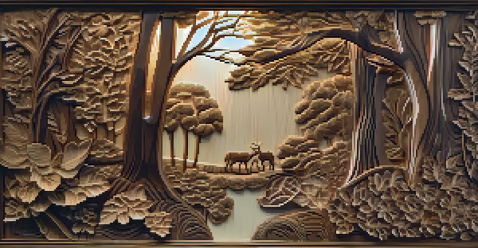 A wooden relief carving of a forest scene with detailed leaves and flowers in the foreground, and smooth trees in the background, illuminated by soft lighting.