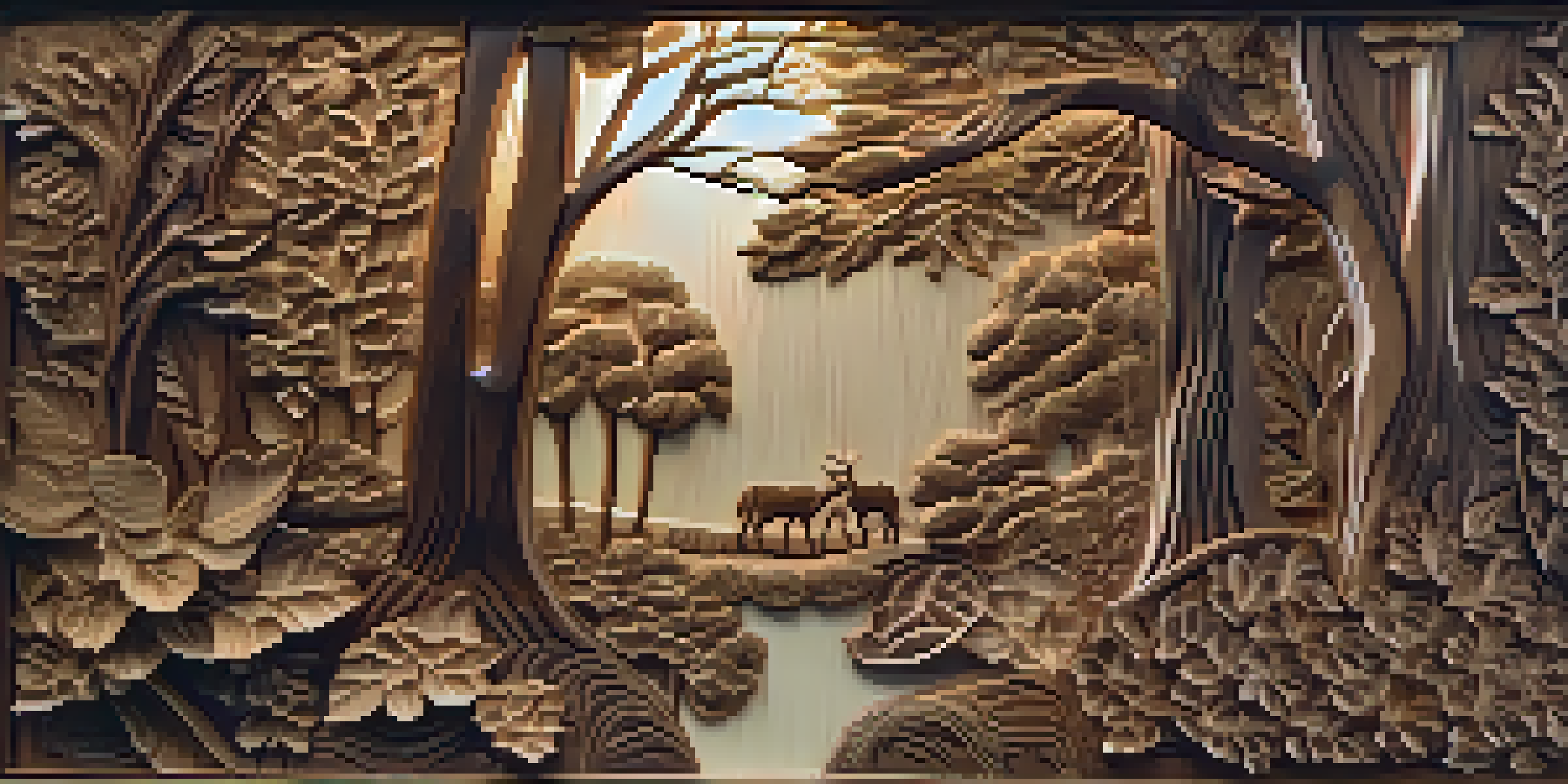 A wooden relief carving of a forest scene with detailed leaves and flowers in the foreground, and smooth trees in the background, illuminated by soft lighting.
