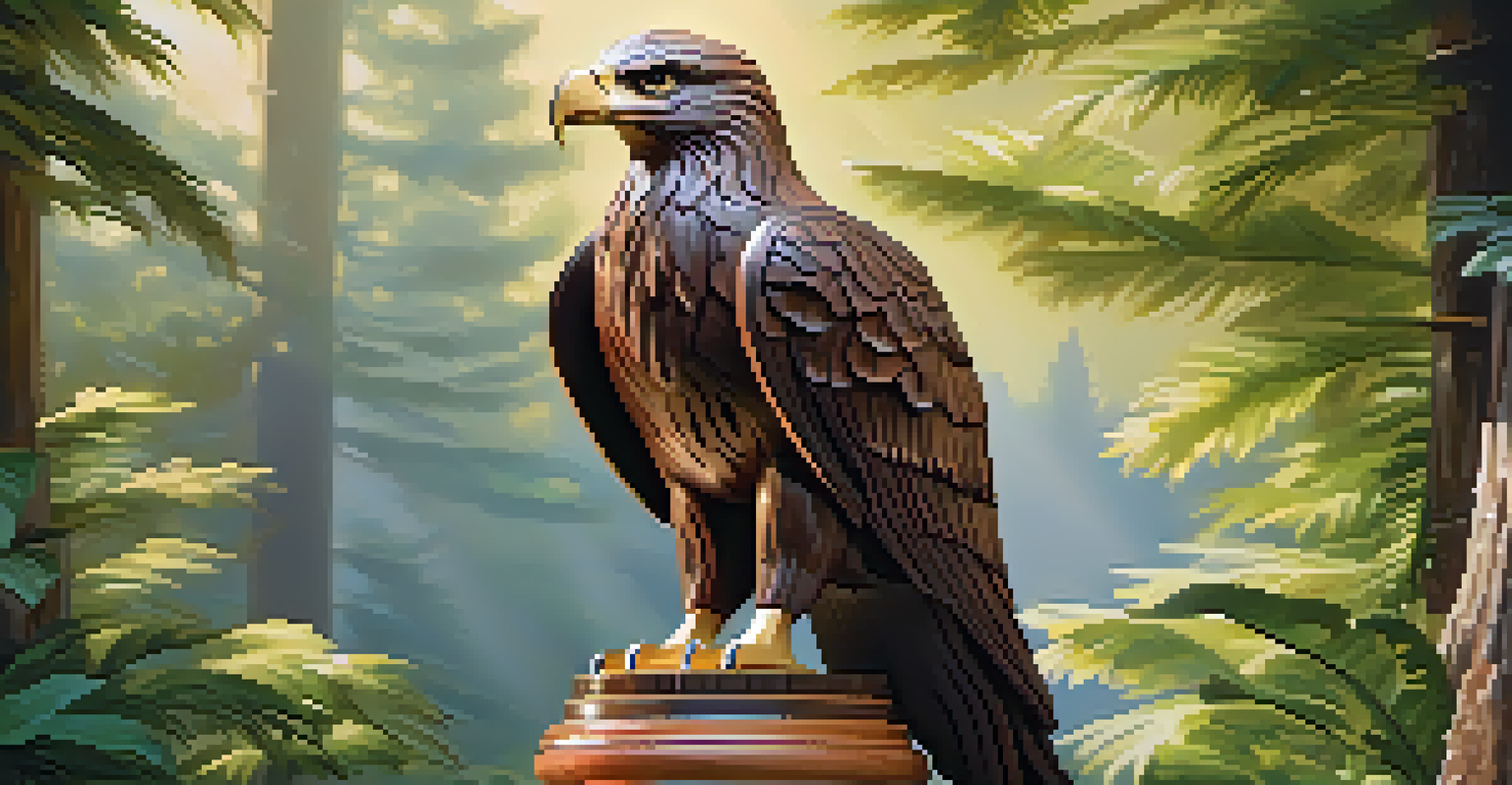 A polished wood carving of an eagle on a pedestal, surrounded by greenery and sunlight.