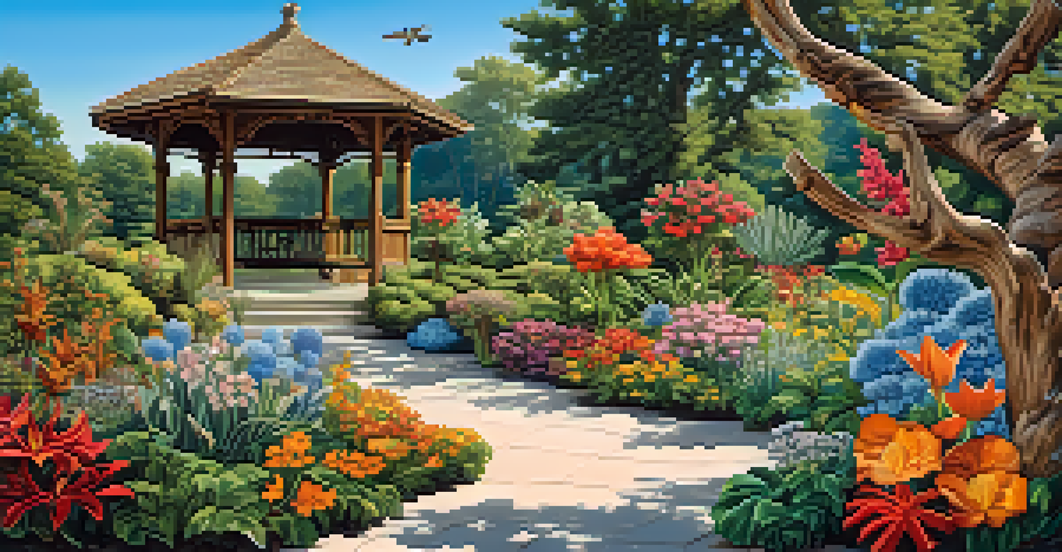Outdoor garden scene with wooden sculptures of flowers and animals under a blue sky.