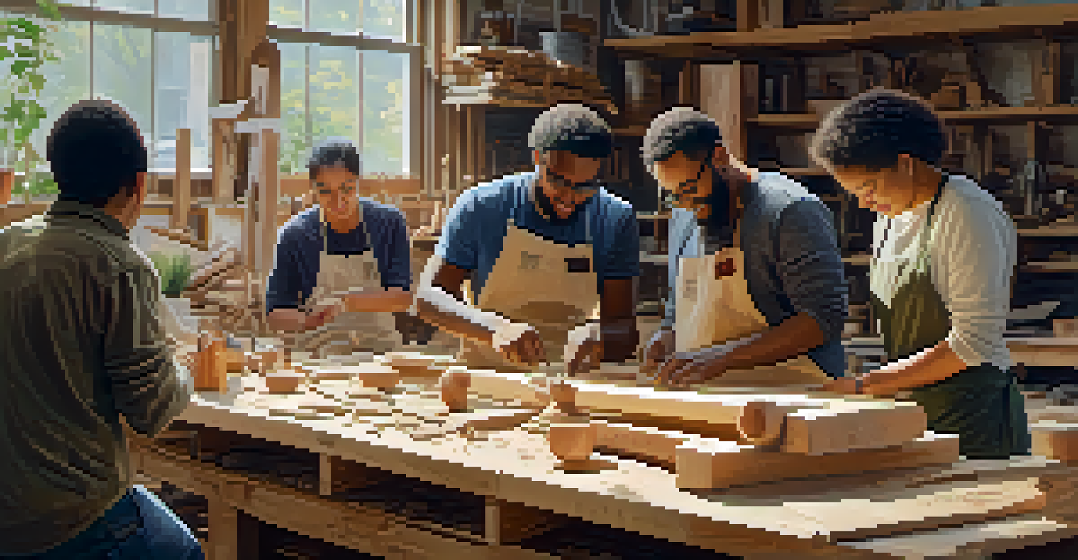 A lively community carving workshop with diverse participants sharing tools and ideas around a table.