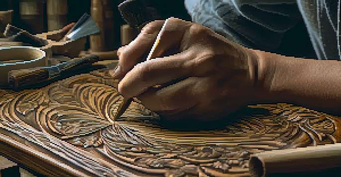 An artisan's hands carving patterns into dark wood, with tools and wood shavings visible.