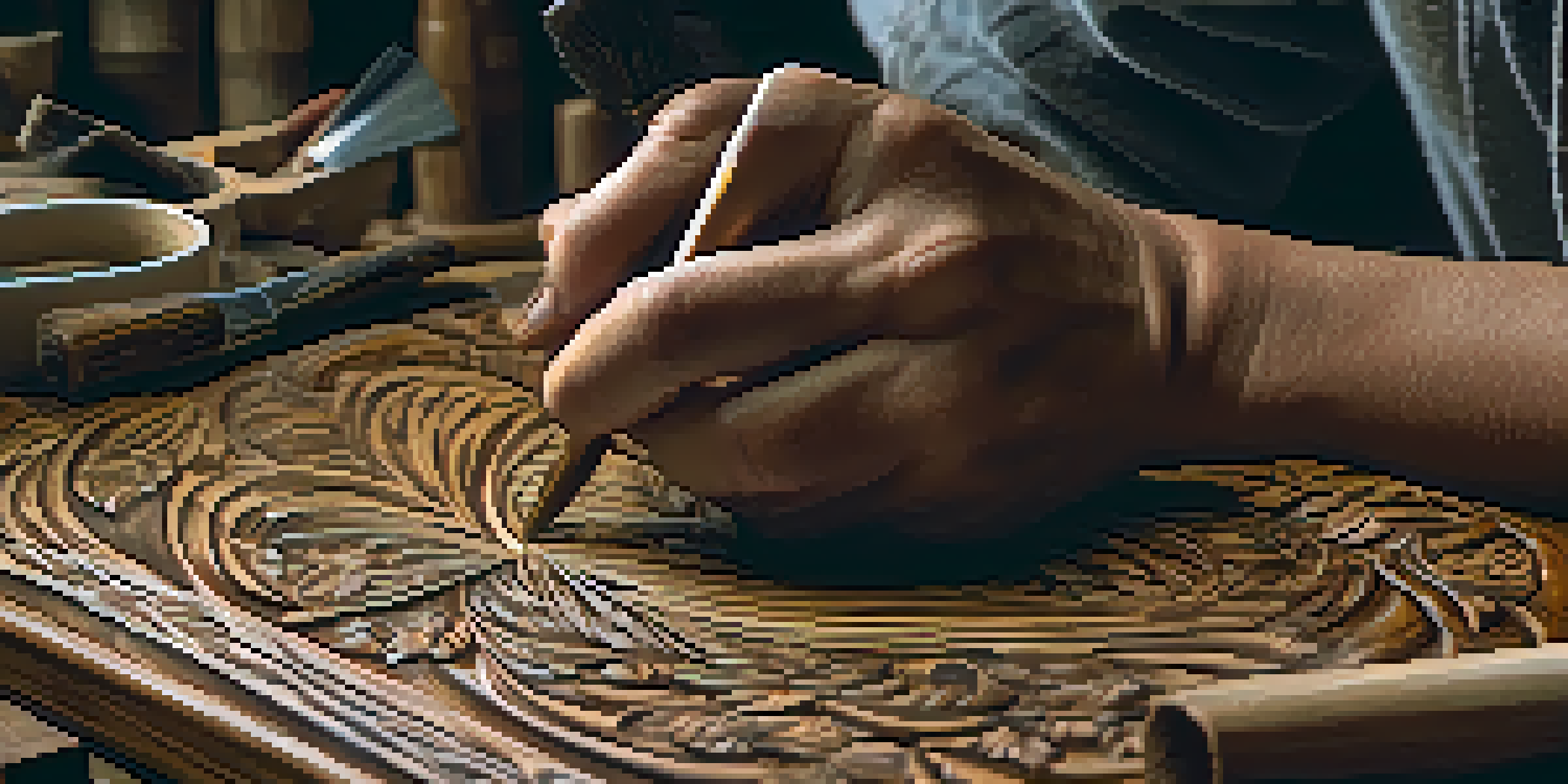 An artisan's hands carving patterns into dark wood, with tools and wood shavings visible.