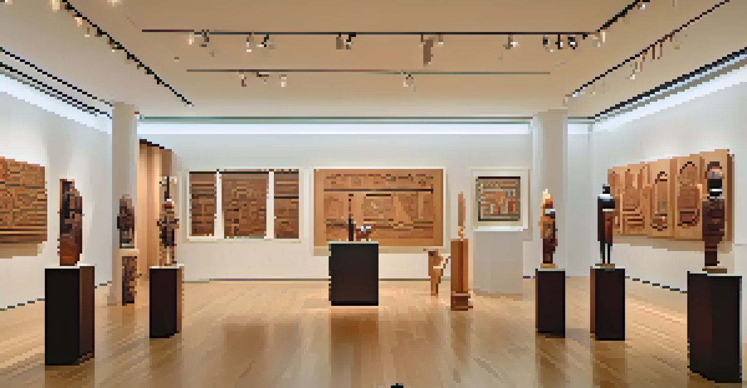 An exhibition space filled with Indigenous carvings, showcasing intricate artworks with visitors admiring them.