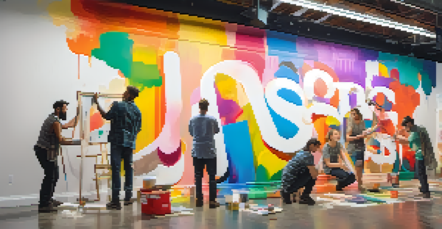 A group of artists working together on a colorful mural, each with their own unique style.