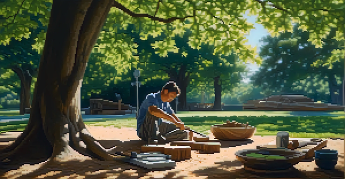 An artist carving wood outdoors, surrounded by trees and soft sunlight, with tools nearby and a peaceful atmosphere.