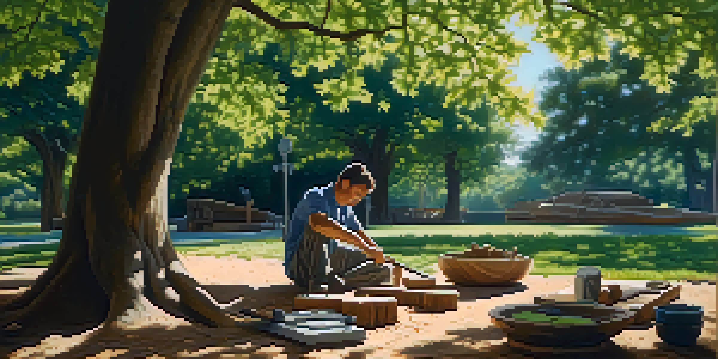 An artist carving wood outdoors, surrounded by trees and soft sunlight, with tools nearby and a peaceful atmosphere.