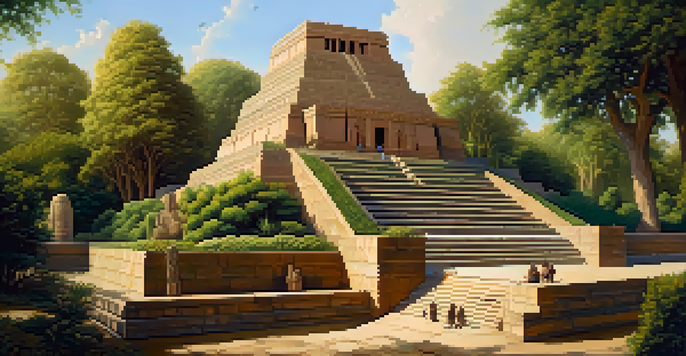 A Mesopotamian ziggurat surrounded by gardens, with artisans carving stone sculptures, illuminated by warm sunlight.