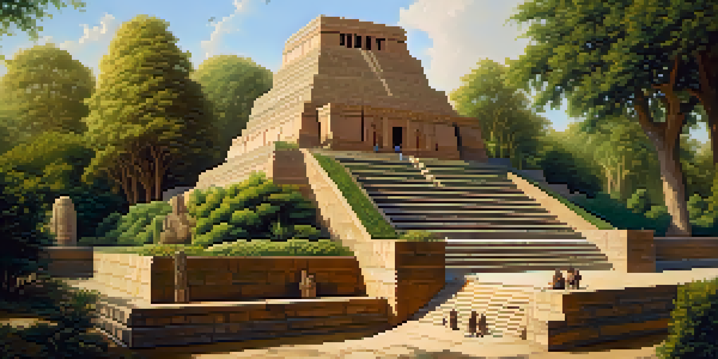 A Mesopotamian ziggurat surrounded by gardens, with artisans carving stone sculptures, illuminated by warm sunlight.