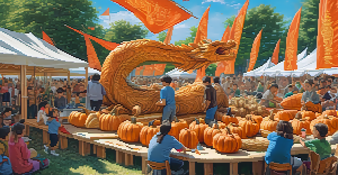A sunny carving festival with artisans and a crowd, featuring a detailed pumpkin carving of a dragon.