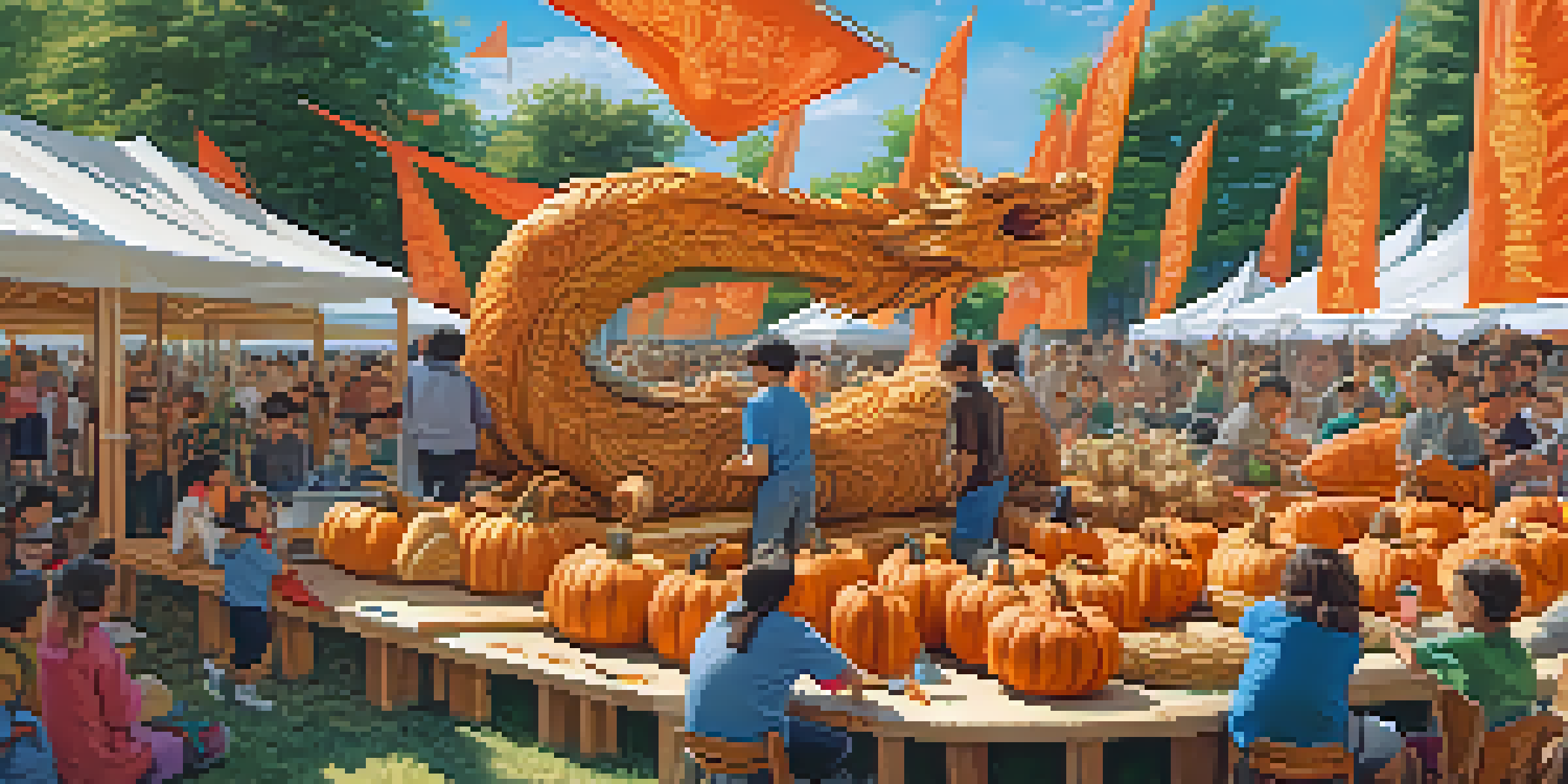 A sunny carving festival with artisans and a crowd, featuring a detailed pumpkin carving of a dragon.