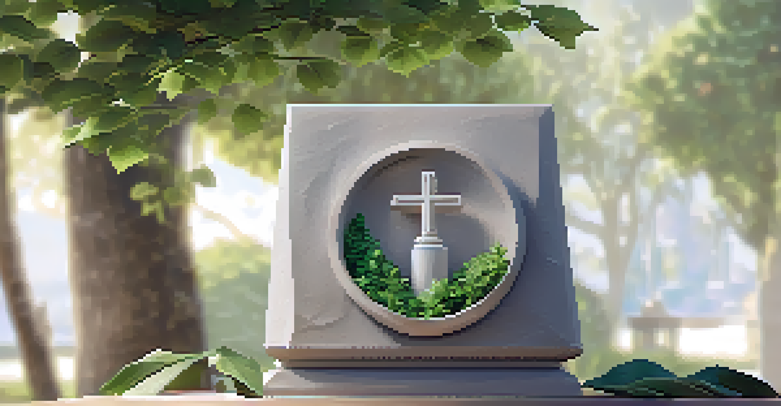 A 3D printed religious artifact displayed on a stone pedestal in a tranquil outdoor setting with greenery and sunlight.