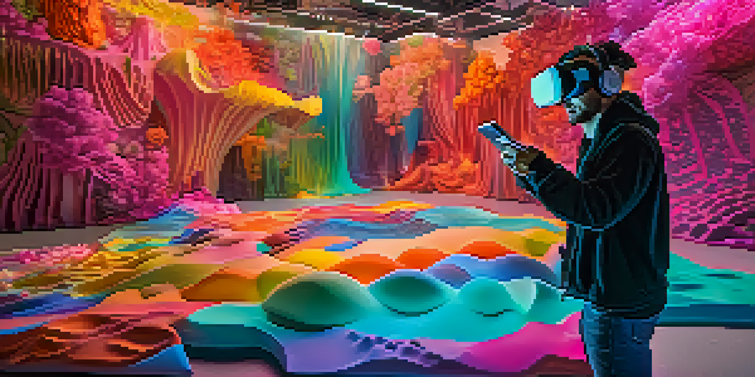 An artist using virtual reality to create a colorful 3D sculpture, wearing a VR headset in a vibrant digital space.