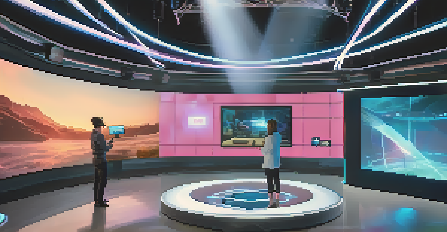 A high-tech studio setup for virtual reality live streaming, showing a presenter engaging with 3D visuals and holographic displays.