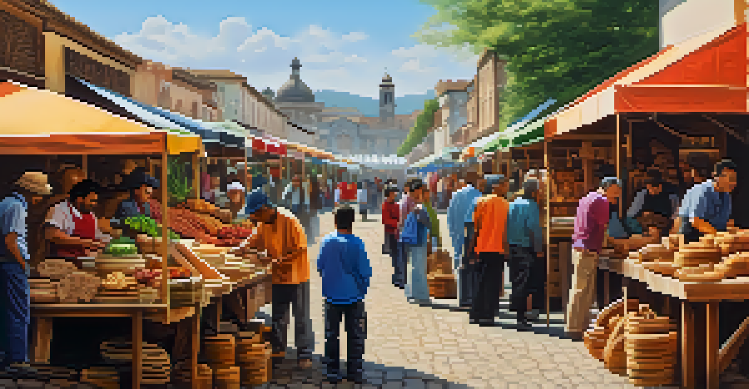 An outdoor market bustling with artisans selling colorful wooden carvings, surrounded by lively interactions.
