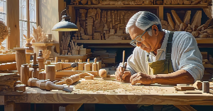 An artisan focused on carving a wooden figure in a warmly lit workshop, with tools and completed carvings visible around them.