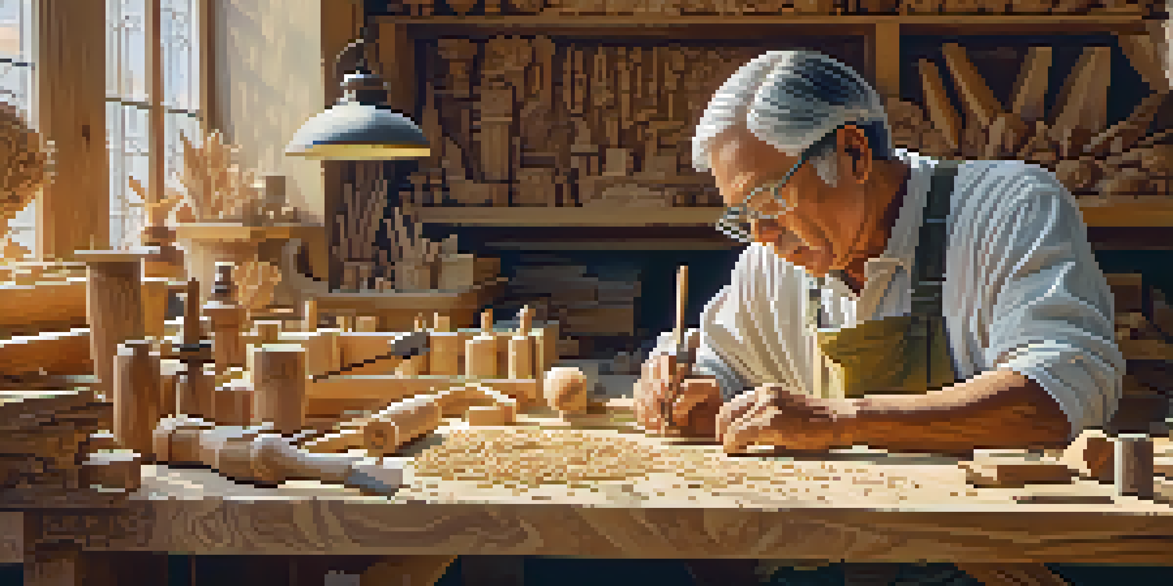 An artisan focused on carving a wooden figure in a warmly lit workshop, with tools and completed carvings visible around them.