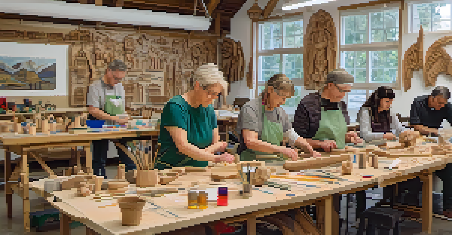 A community carving class in a cozy studio, with participants working on their projects amidst colorful artwork on the walls.
