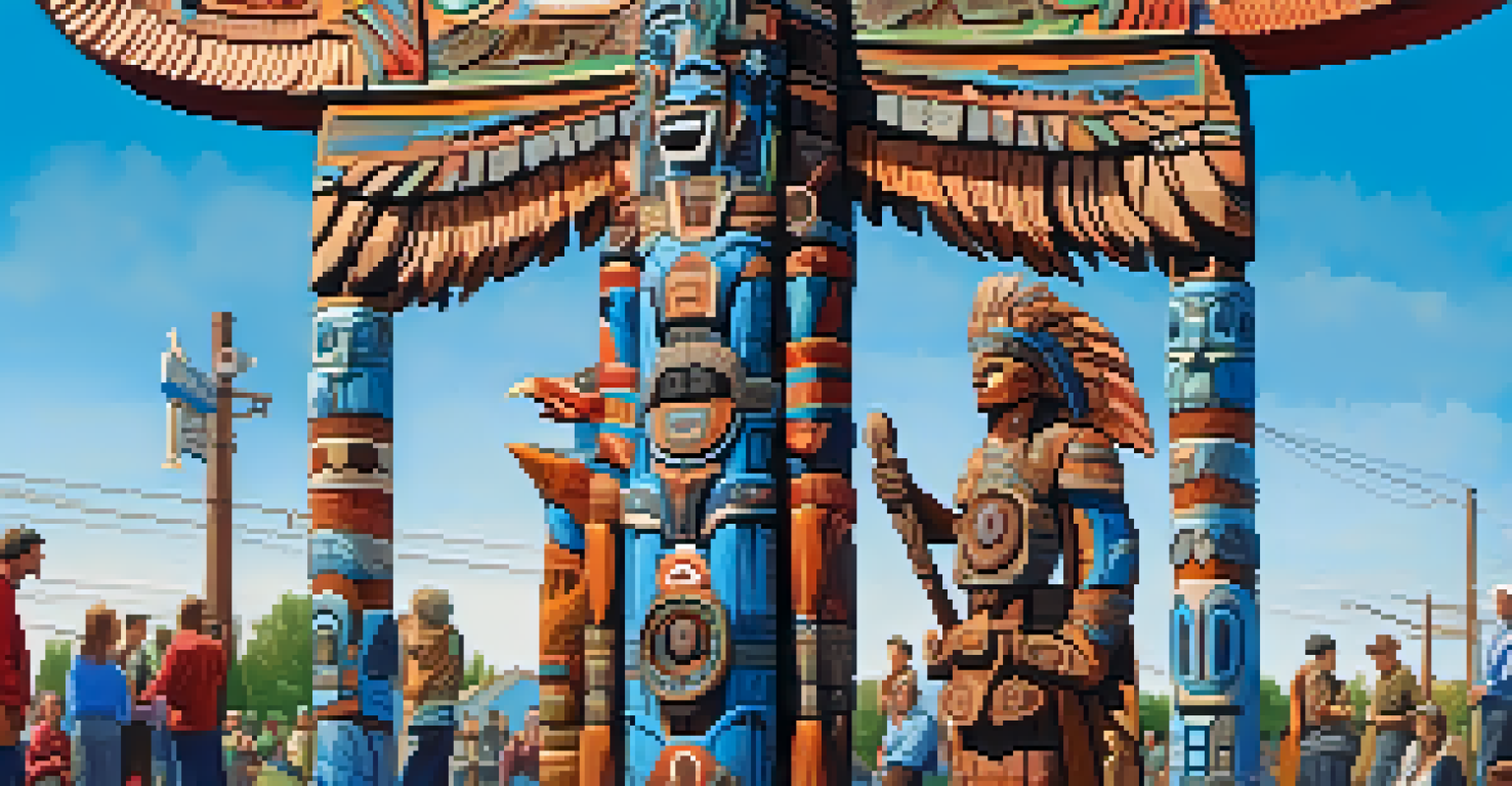 A colorful totem pole with intricate carvings displayed in a community space, with people gathered around admiring it under a clear blue sky.