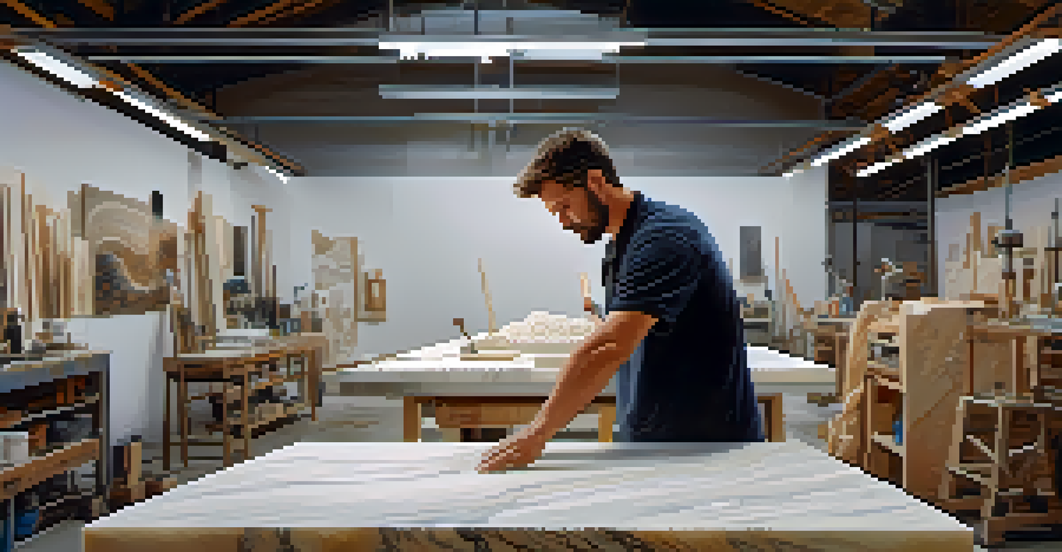 An artist using a CNC machine to carve marble in a modern workshop, surrounded by marble shavings and bright lights.