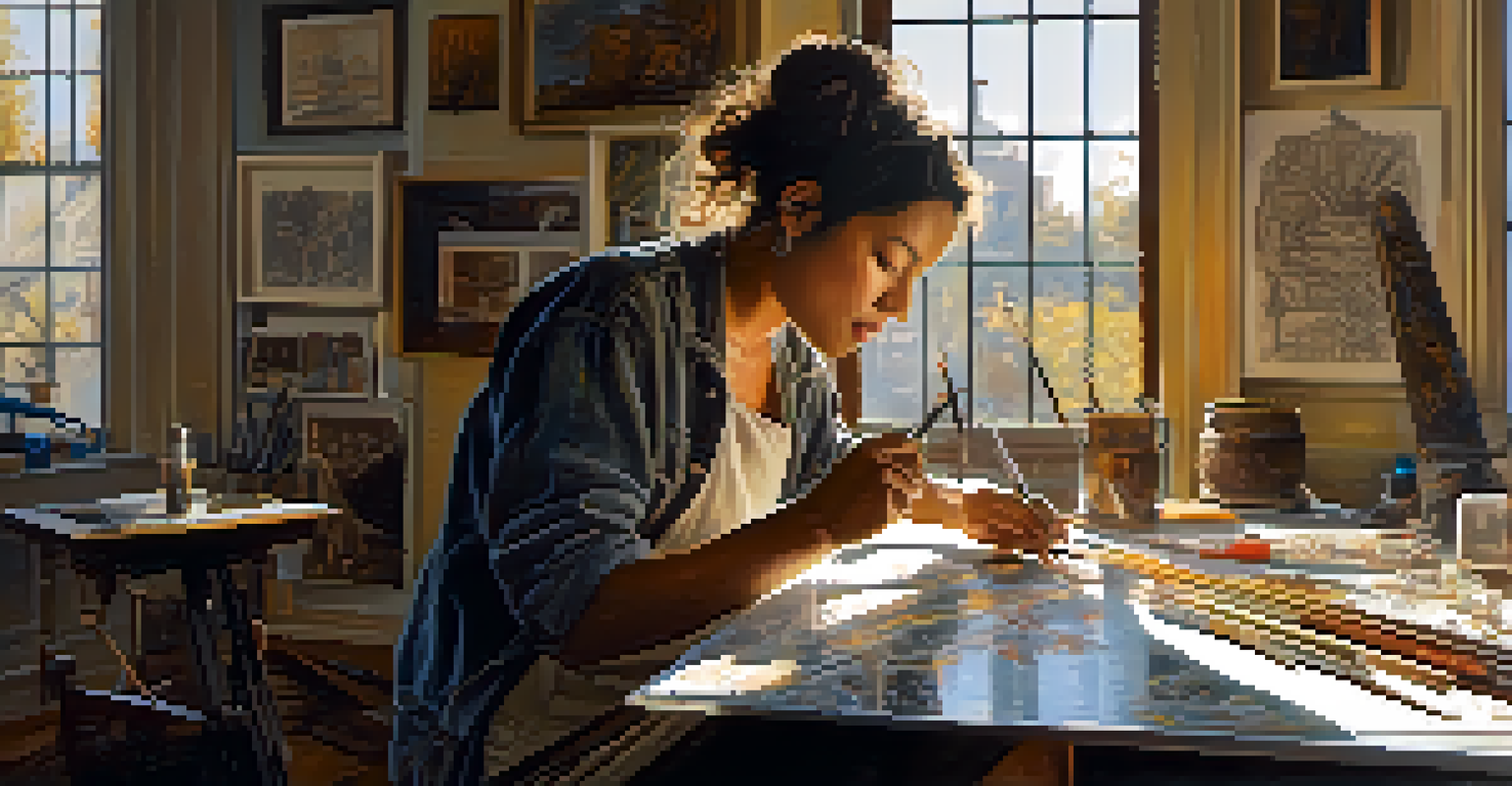 An artist working in a bright studio filled with materials for sculpture, surrounded by sketches and traditional artworks, showcasing a blend of modern and traditional techniques.