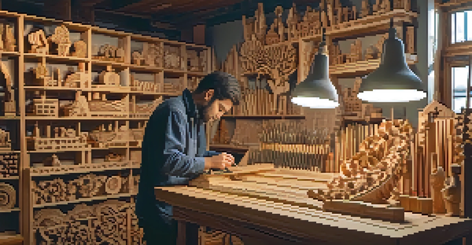 An artisan working on a wooden sculpture with traditional tools and a CNC machine in a well-lit workshop filled with art.