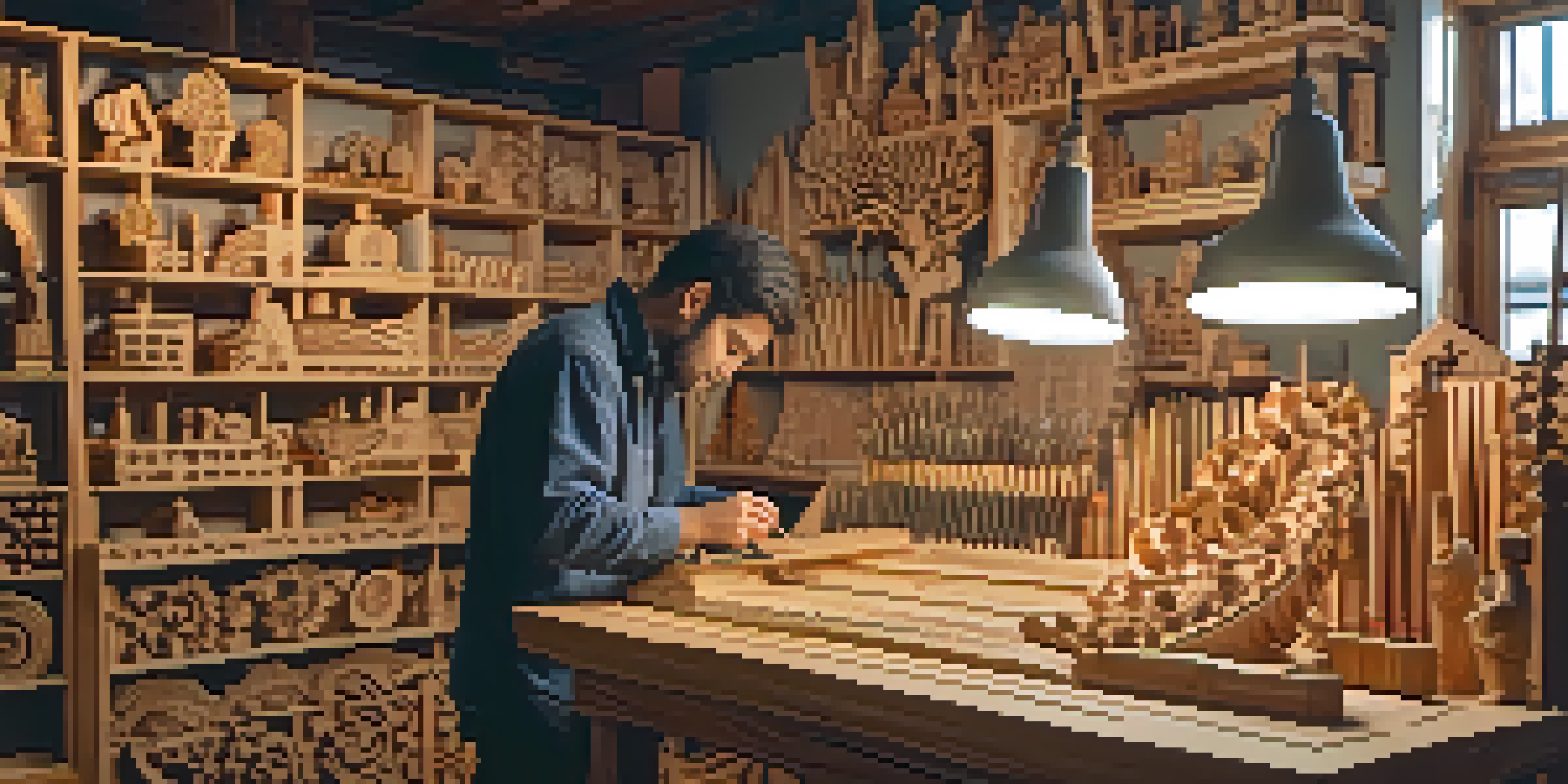 An artisan working on a wooden sculpture with traditional tools and a CNC machine in a well-lit workshop filled with art.