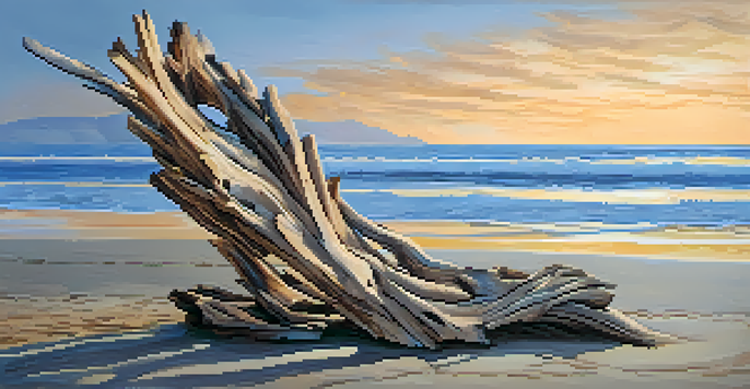 An outdoor sculpture crafted from driftwood, placed near the coast during sunset, showcasing the textures of the wood and the peaceful environment.
