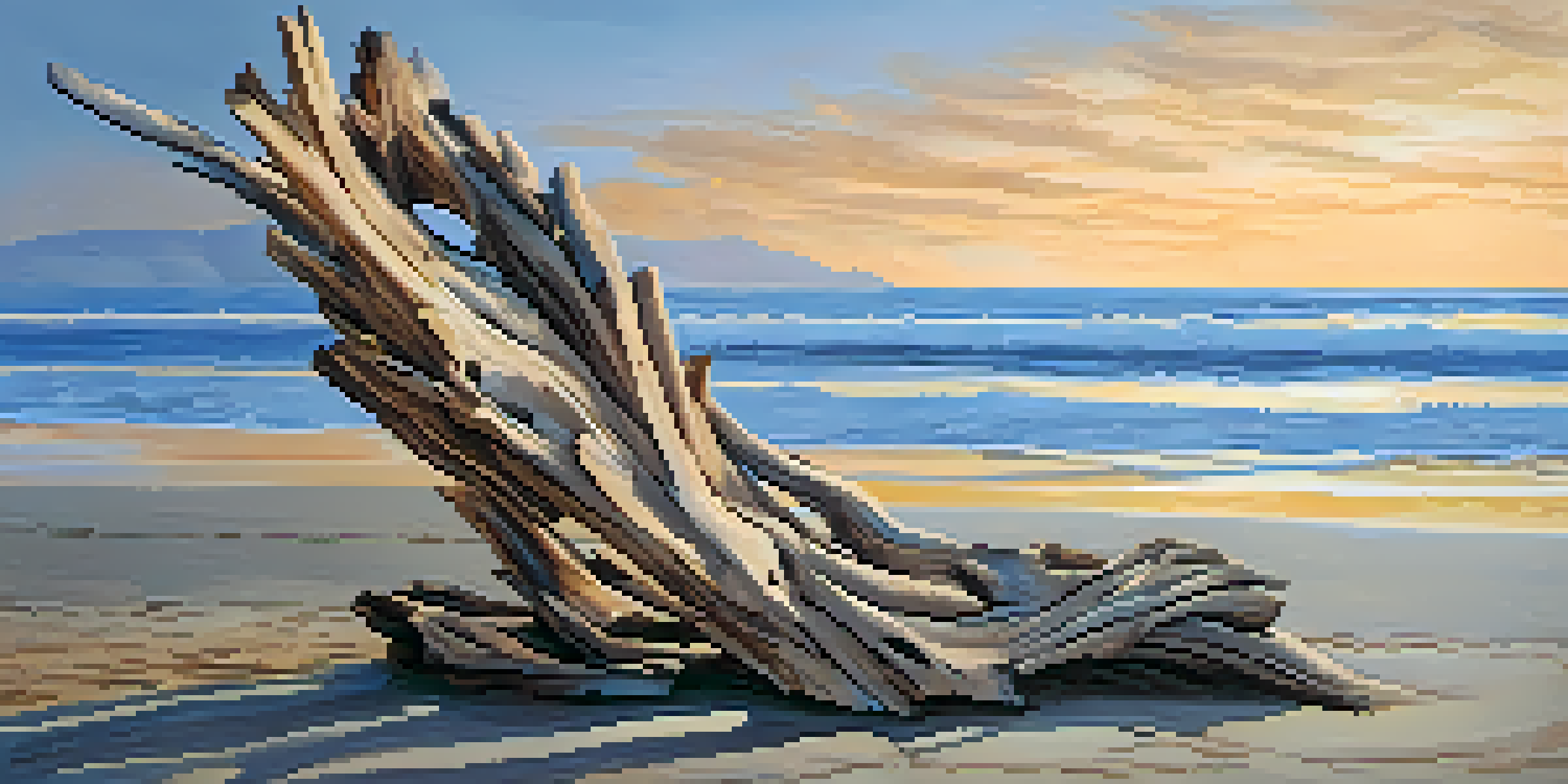 An outdoor sculpture crafted from driftwood, placed near the coast during sunset, showcasing the textures of the wood and the peaceful environment.