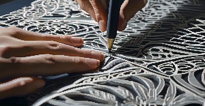 A designer carving intricate patterns into fabric with a laser cutter, showcasing skill and precision in a well-lit workspace.