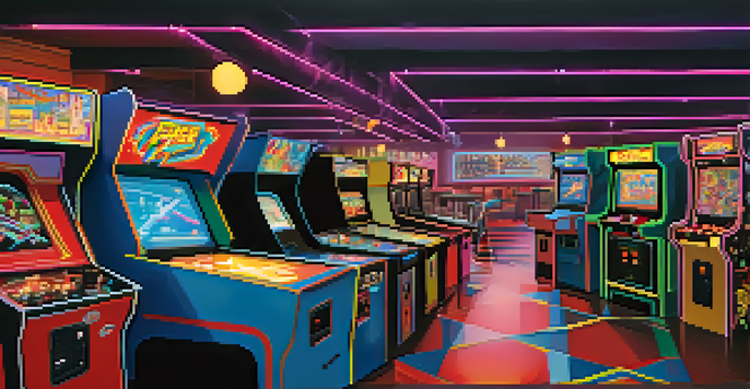 A nostalgic arcade filled with vintage gaming machines, colorful neon lights, and children playing games.