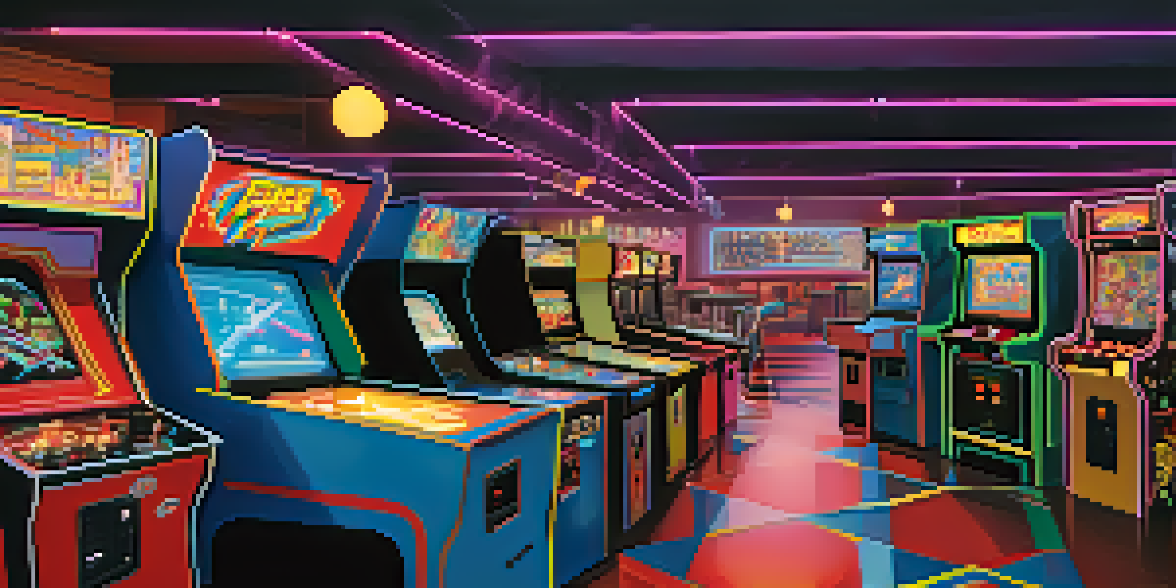 A nostalgic arcade filled with vintage gaming machines, colorful neon lights, and children playing games.