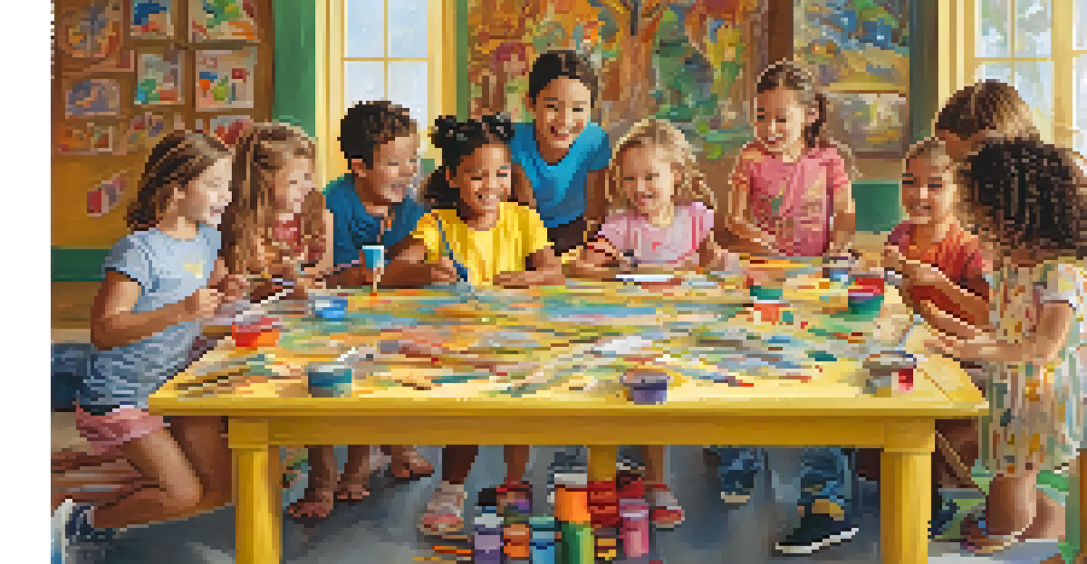 Kids happily painting and decorating their carved animal figures at a table filled with art supplies.