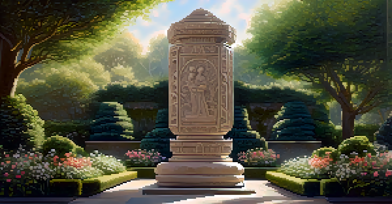 A beautifully carved stone sculpture in a garden, surrounded by greenery and flowers, with sunlight enhancing its intricate details.