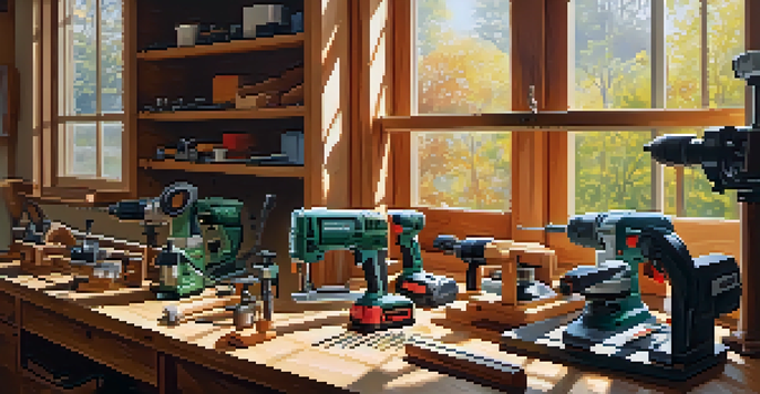 A woodworking workshop showcasing a variety of power tools on a workbench, illuminated by sunlight.