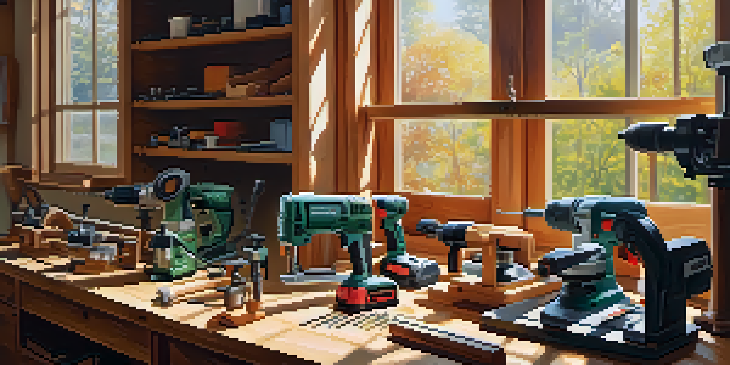 A woodworking workshop showcasing a variety of power tools on a workbench, illuminated by sunlight.