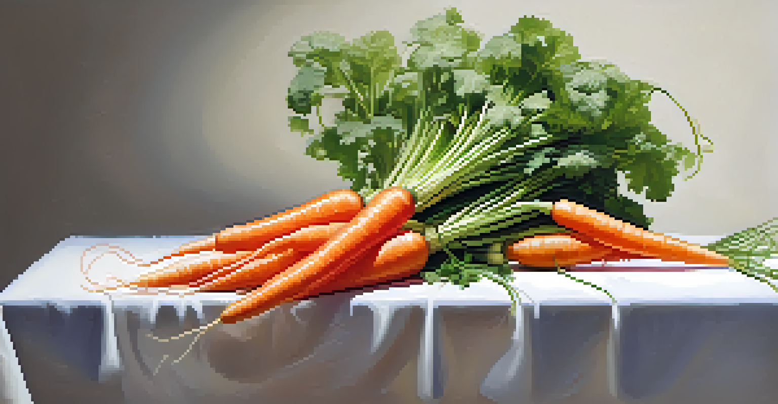 A vegetable sculpture resembling a bouquet made of carrots, cucumbers, and radishes in a glass vase on a white tablecloth.