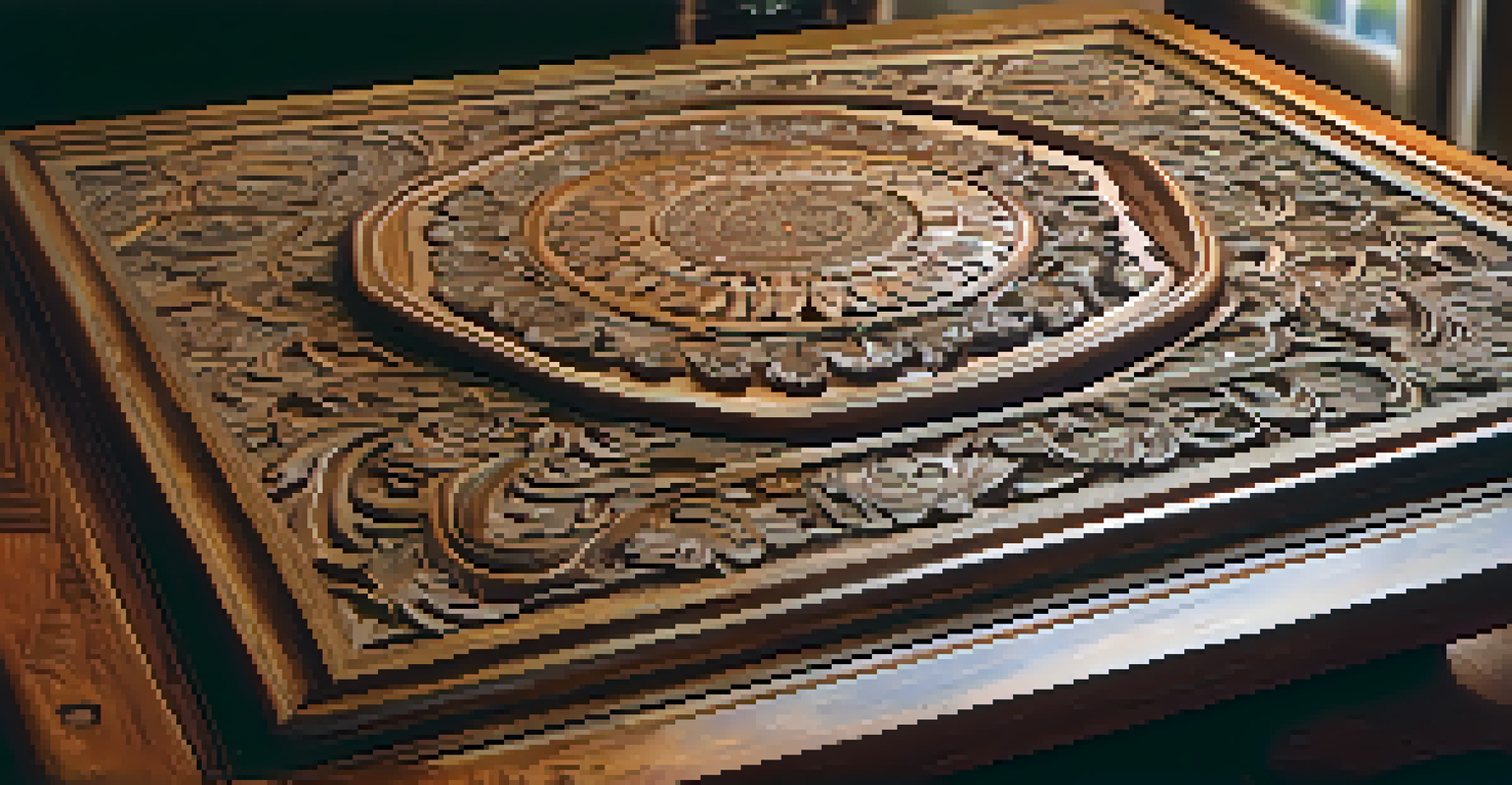 A carved wooden heirloom on a rustic table, with family members admiring the intricate designs.