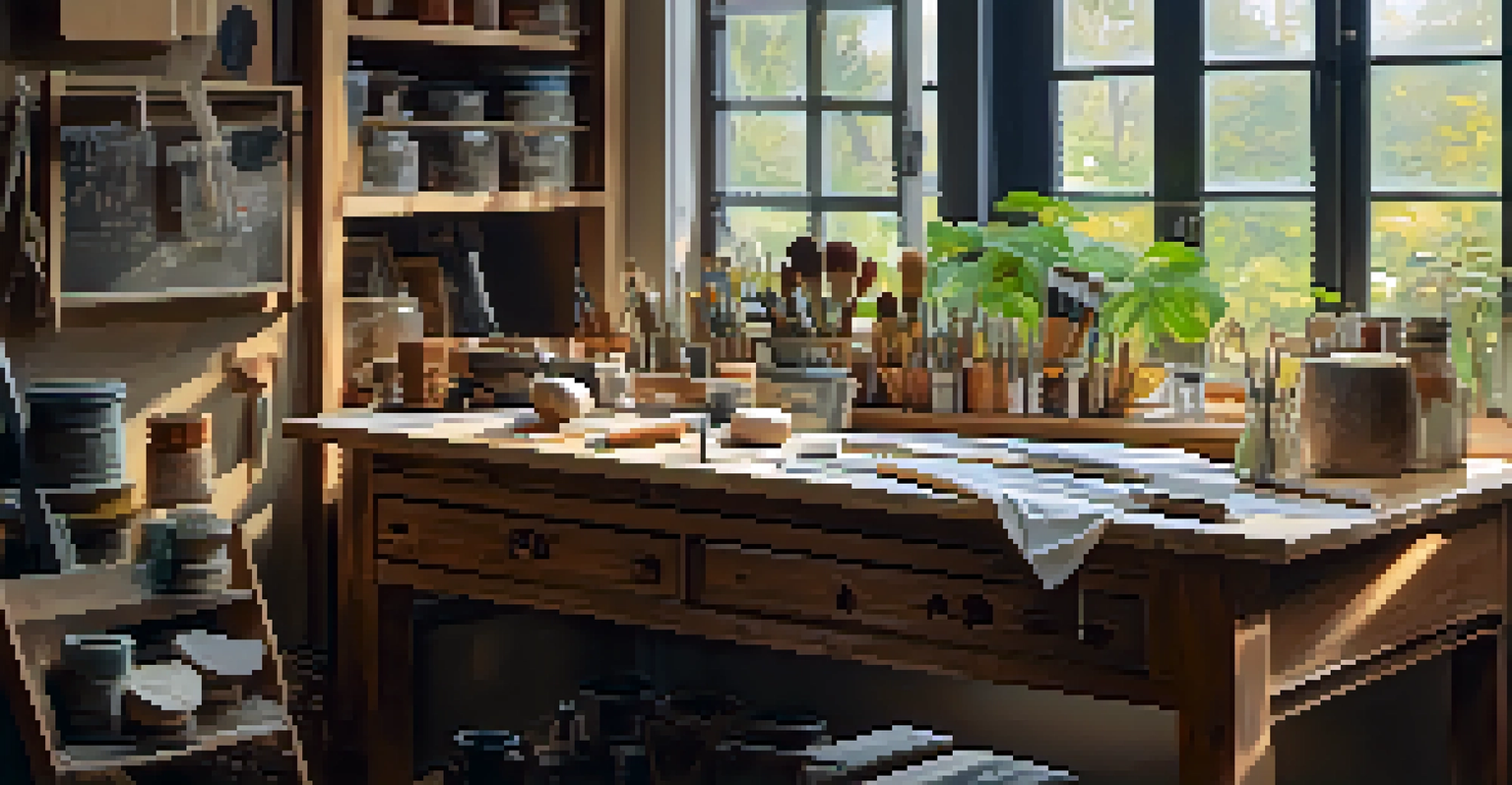 An artist's tidy workspace with carving tools and natural light.