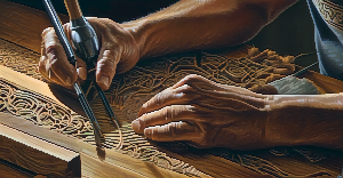 An artisan's hands carving intricate patterns into wood, surrounded by carving tools and wood shavings.