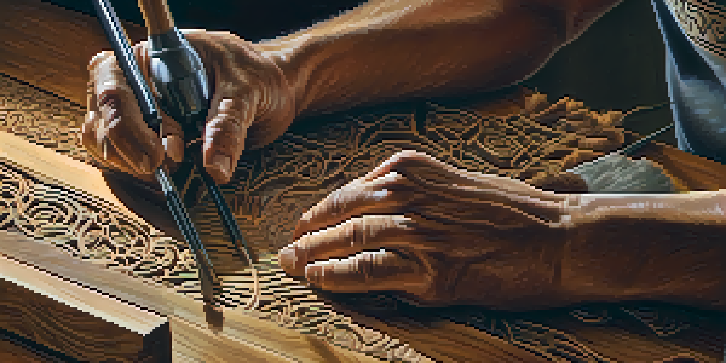 An artisan's hands carving intricate patterns into wood, surrounded by carving tools and wood shavings.