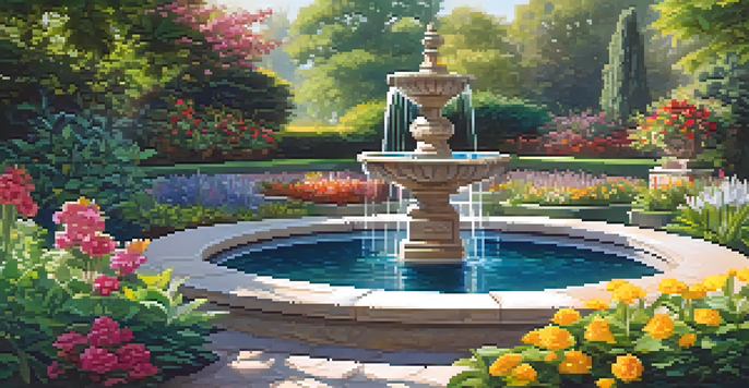 A tranquil garden with a carved stone fountain surrounded by vibrant flowers, illuminated by gentle sunlight.